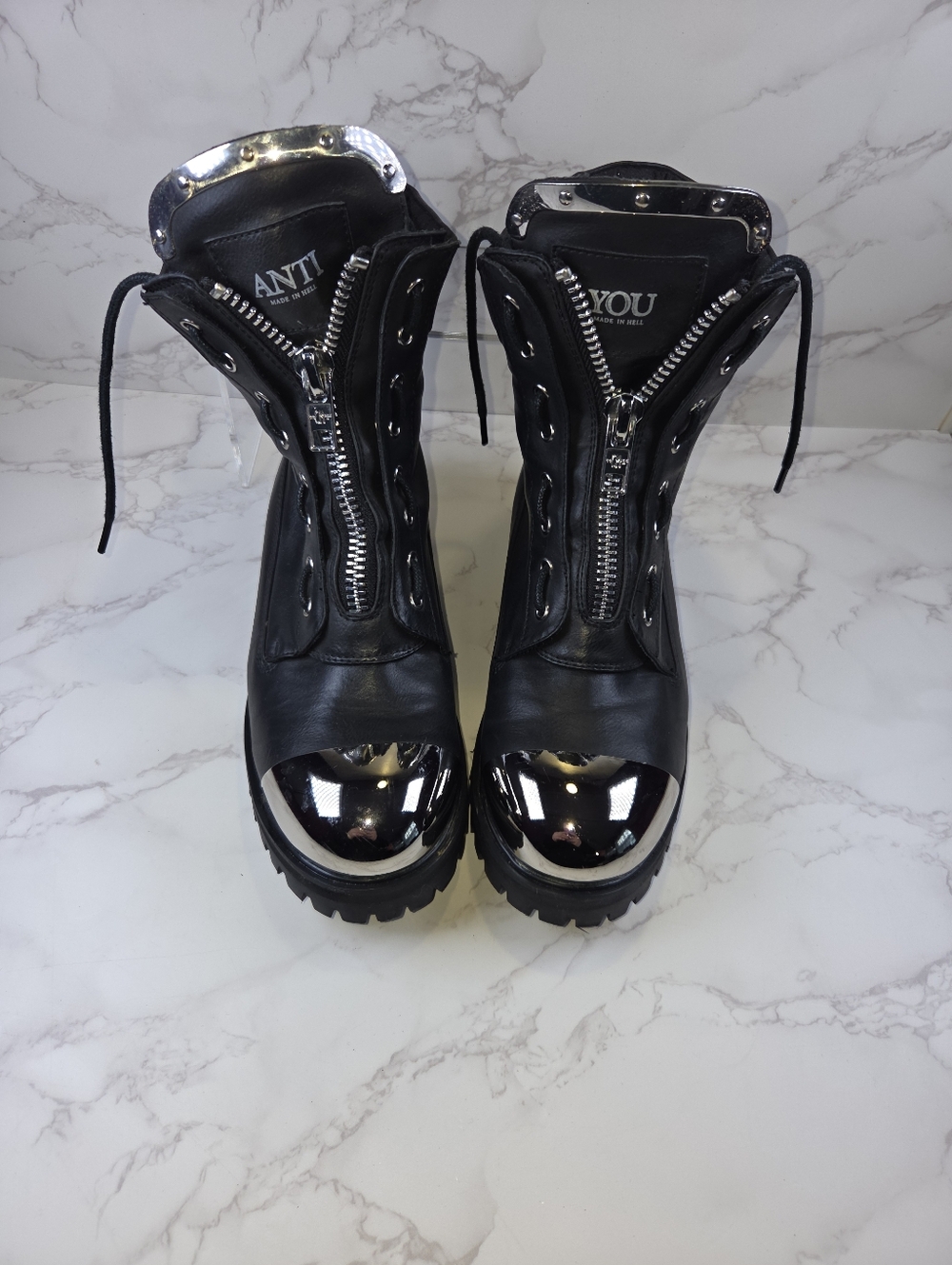 Women's Black Leather Combat Boots with Silver Toe Cap